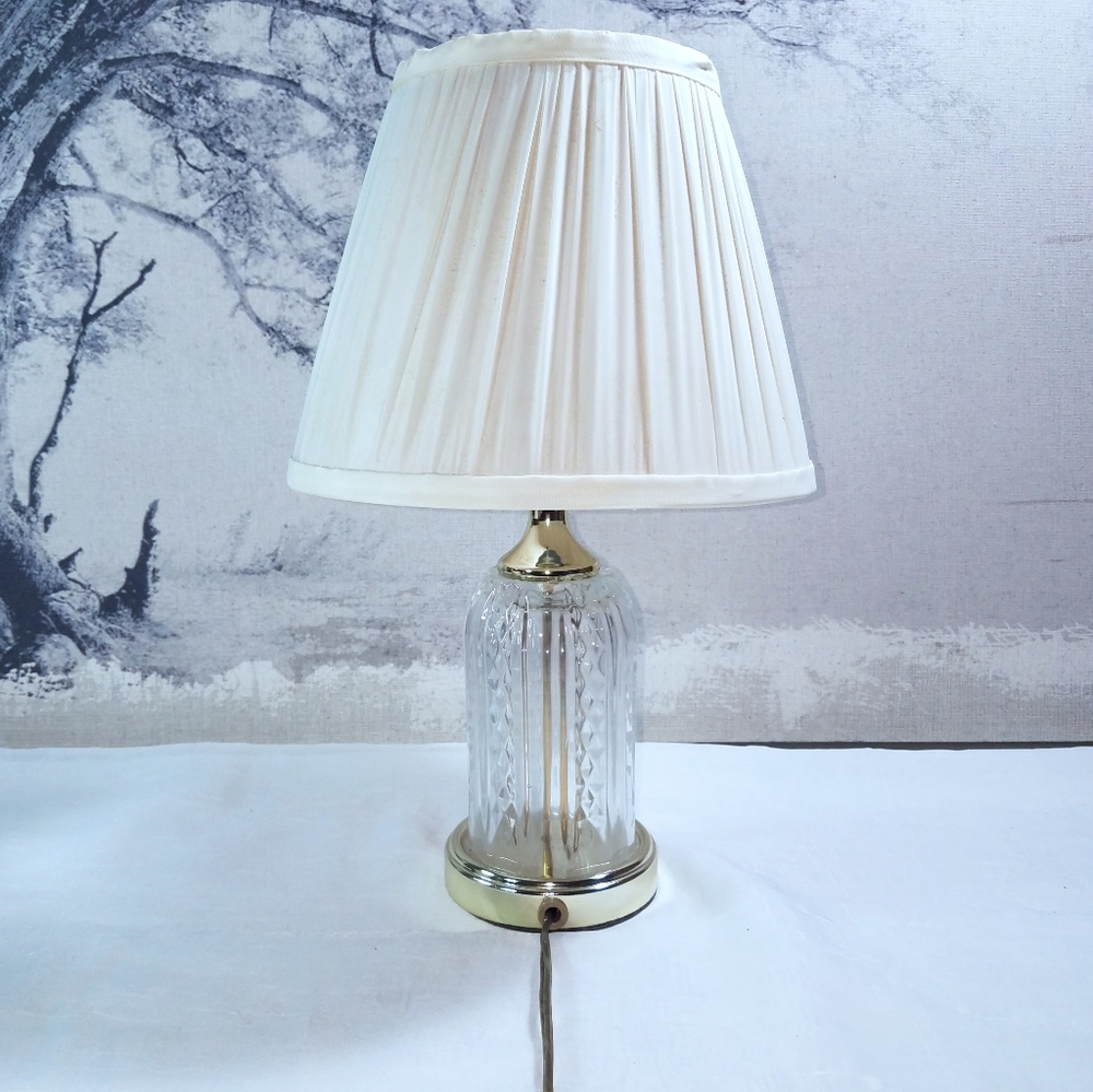 Vintage Leviton Diamond Design Crystal Table Lamp w/ Gold Base & Pleated Shade